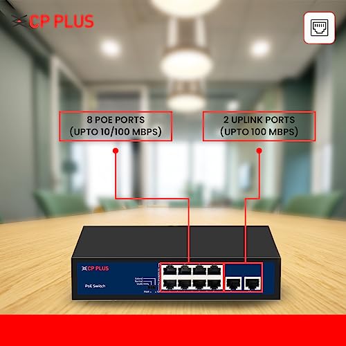 CP Plus 10 Ports Fast Ethernet with 8 PoE Ports (10/100 Mbps) & 2 Uplink Ports (100 Mbps) POE Switch | Max. 30W Output of Single PoE Port | LED Light Indicators | Plug & Play - CP-DNW-HPU8H2-96-V2