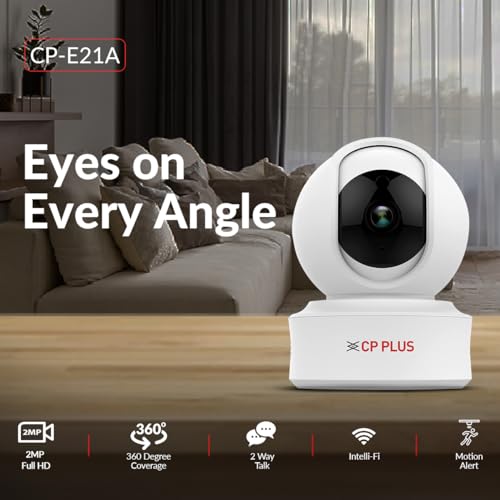 CP PLUS 2MP Full HD Smart Wi-fi CCTV Home Security Camera | 360° with Pan Tilt | 2Way Talk | Cloud Monitor | Motion Detect | Night Vision | Supports SD Card (Upto 128 GB), Alexa & Ok Google | CP-E21A