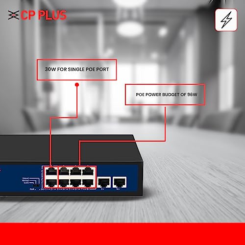 CP Plus 10 Ports Fast Ethernet with 8 PoE Ports (10/100 Mbps) & 2 Uplink Ports (100 Mbps) POE Switch | Max. 30W Output of Single PoE Port | LED Light Indicators | Plug & Play - CP-DNW-HPU8H2-96-V2