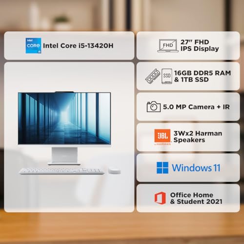 Lenovo IdeaCentre AIO Intel Core i5 13420H 27" FHD IPS 3-Side Edgeless All-in-One Desktop with Alexa Built-in (16GB/1TB SSD/Win11/Office 2021/5.0MP+IR Camera/Wireless EOS Keyboard & Mouse), F0HM003CIN