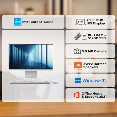 Lenovo IdeaCentre AIO 13th Gen Core i3-1315U 24" FHD IPS (8GB RAM/512GB SSD/Windows11/Office 21/3Wx2 Harman Speakers/Alexa Built-in/Wireless EOS Keyboard & Mouse, Grey), F0HN00FWIN All-in-One Desktop