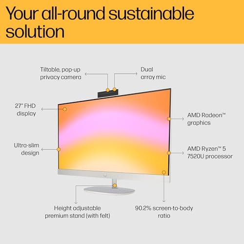 HP All-in-One PC Ryzen 5 7520U 27-inch(68.6cm) FHD IPS Display, 16GB LPDDR5, 1TB SSD, AMD Radeon Graphics, Wireless Keyboard and mouse combo, FHD Camera, (Win 11, MSO, Shell White, 6.72Kg) 27-cr0445in