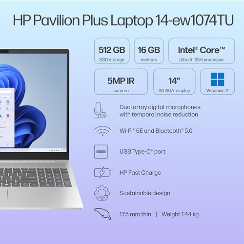 HP Pavilion Plus, Enhanced by AI, Intel Core Ultra 5 125H, 14-inch, WQXGA, 16GB LPDDR5x, 512GB SSD, Intel Arc Graphics, 5MP IR Camera/w Privacy Shutter, Backlit KB (Win 11, Silver, 1.44 kg) ew1074TU