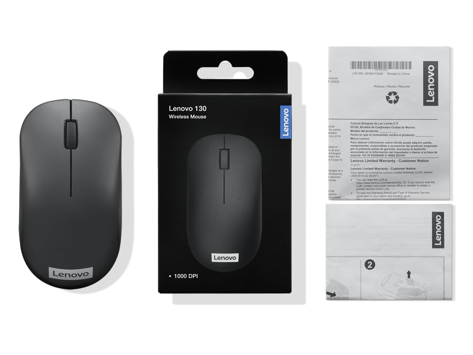 Lenovo 130 Wireless Compact Mouse, 1K DPI Optical sensor, 2.4GHz Wireless NanoUSB, 10m range, 3button(left,right,scroll) upto 3M left/right clicks, 10 month battery, Ambidextrous, Ergonomic GY51C12380