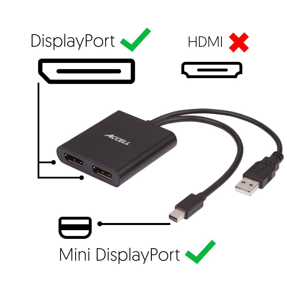 Accell mDP-2DP Multi Monitor Splitter - Mini DisplayPort 1.2 Multi-Stream Transport (MST) Hub - 1x Mini DisplayPort Connector, 2X DisplayPort outputs