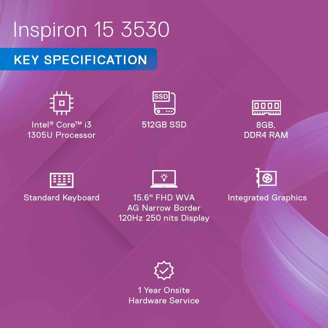 Dell Inspiron 3530 Thin & Light Laptop, 13th Gen Intel Core i3-1305U/8GB/512GB SSD/15.6" (39.62cm) 120Hz Refresh Rate on a FHD IPS Display/Windows 11 + MSO'21+McAfee 15 Month/Carbon Black/1.62kg