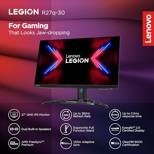 Lenovo Legion R27q-30 | 27 Inch (68.58cm) 165Hz 2K QHD Gaming Monitor | 0.5ms, AMD FreeSync, 99%sRGB, 90% DCI-P3, 3Wx2 Speaker, 2xHDMI, 1xDP|Tilt, Swivel, Pivot, Height Adjust Stand, Black, 67B4GAC1IN