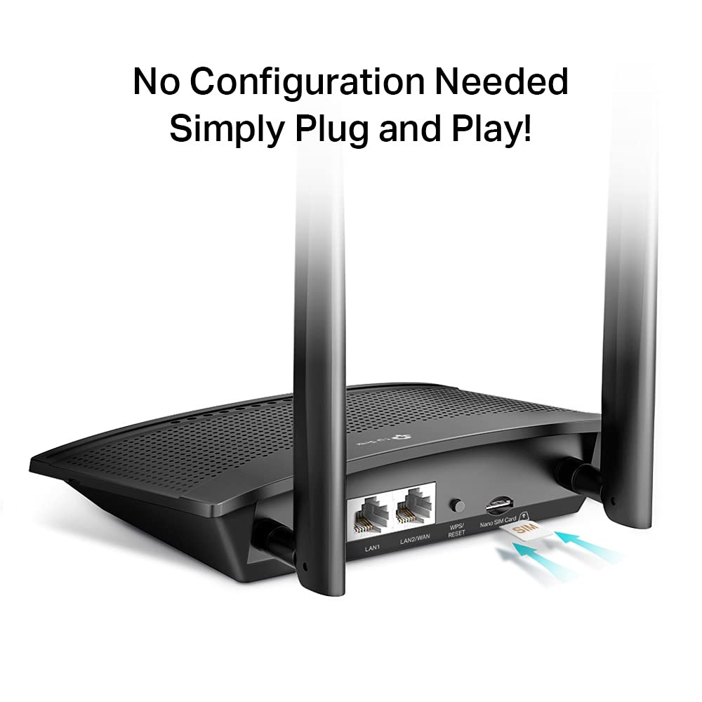 TP-Link TL-MR100 300Mbps 2.4GHz Wireless N 4G LTE, Wi-Fi N300, Plug and Play, Parental Controls, Guest Network, with Micro SIM Card Slot, WiFi Router, Black