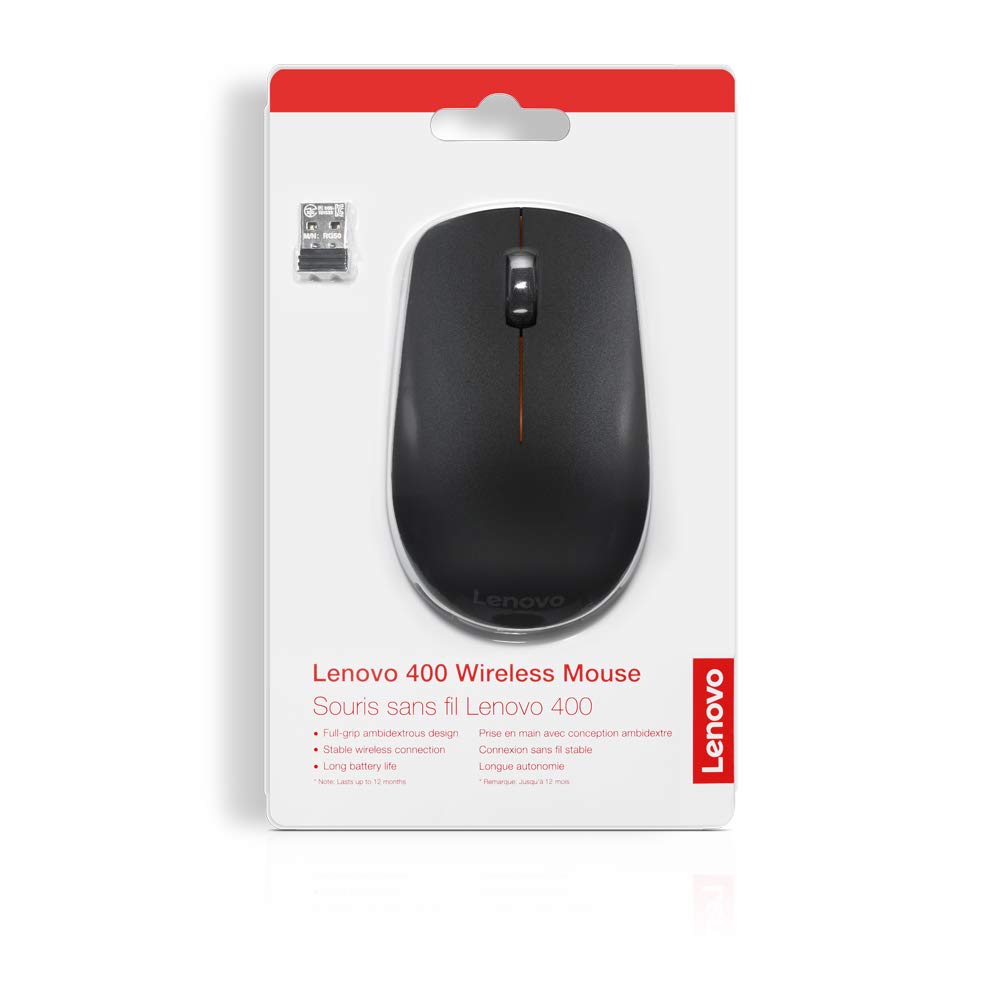 Lenovo 400 Wireless Mouse, 1200DPI Optical Sensor, 2.4GHz Wireless Nano USB, 3-Button (Left,Right,Scroll) Upto 8M Left/Right & 100K Scroll clicks & 1yr Battery, Ambidextrous, Ergonomic GY50R91293
