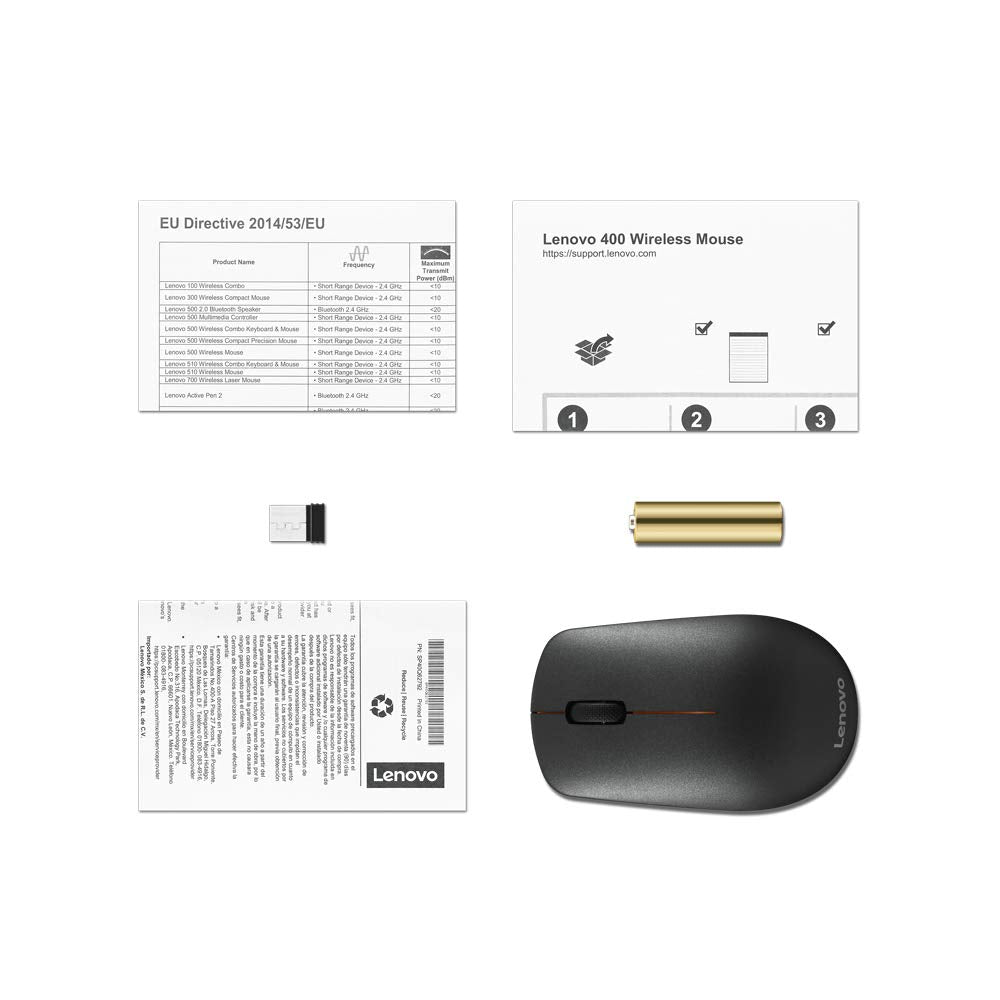 Lenovo 400 Wireless Mouse, 1200DPI Optical Sensor, 2.4GHz Wireless Nano USB, 3-Button (Left,Right,Scroll) Upto 8M Left/Right & 100K Scroll clicks & 1yr Battery, Ambidextrous, Ergonomic GY50R91293