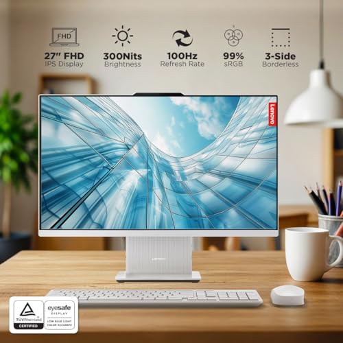 Lenovo IdeaCentre AIO Intel Core i5 13420H 27" FHD IPS 3-Side Edgeless All-in-One Desktop with Alexa Built-in (16GB/1TB SSD/Win11/Office 2021/5.0MP+IR Camera/Wireless EOS Keyboard & Mouse), F0HM003CIN