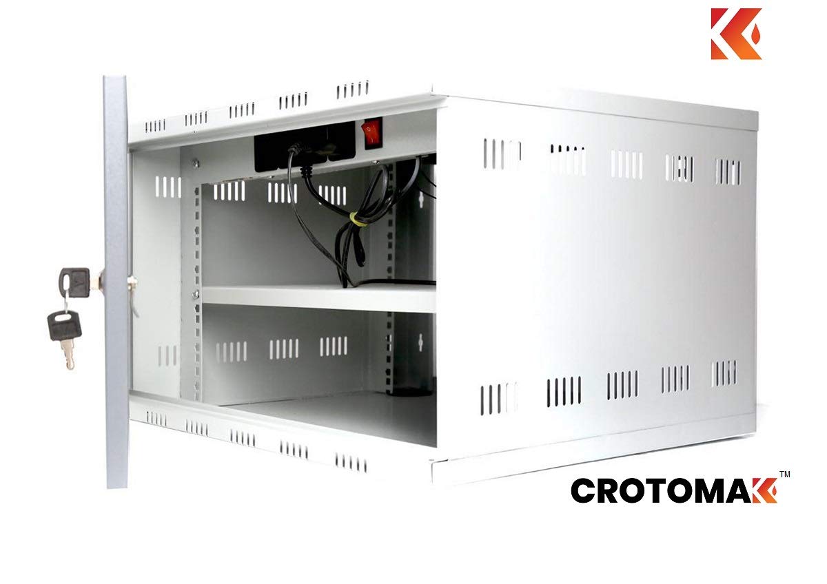 Crotomak 6U DVR, CCTV, NVR, Server, Network Rack with 4 Power Socket and AC Axial Cooling Fan -Transparent Glass Door, Metal Cabinet Box Wall mount (Size 6: 45 X 55 X 35 cm)