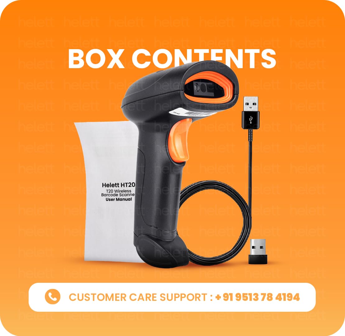 Helett® HT20 Wireless 2.4GHz 2D & 1D Barcode Scanner (QR Code & Barcode) Wired & Wireless(Rechargeable) Connectivity | Induction Scanning with Built-in Illumination Light |Strong ABS(1-Year Warranty)
