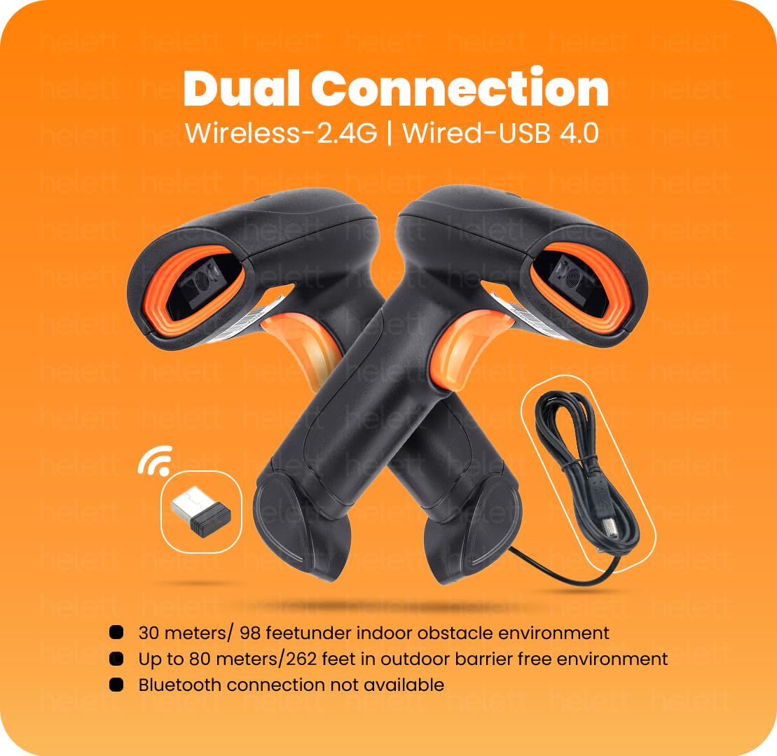 Helett® HT20 Wireless 2.4GHz 2D & 1D Barcode Scanner (QR Code & Barcode) Wired & Wireless(Rechargeable) Connectivity | Induction Scanning with Built-in Illumination Light |Strong ABS(1-Year Warranty)