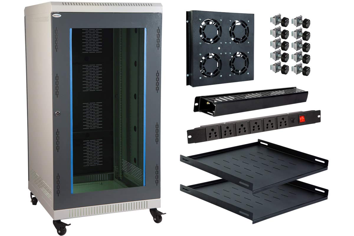 MASS RACK 22U 600X600mm Floor Standing Network Rack with Power Strip 6 Socket, Server Tray(2 Nos.), Cable Organiser 1U Closed, 4 Fans & Hardware Kit-Cage Nut Assembly - Combo Pack