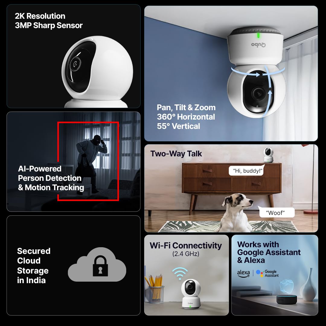Qubo Smart 360 2K 3MP 1296p WiFi CCTV Security Camera from Hero Group | Mobile App | Two Way Talk | Night Vision | Cloud & SD Card Recording | Made in India | Alexa & OK Google | (3MP)