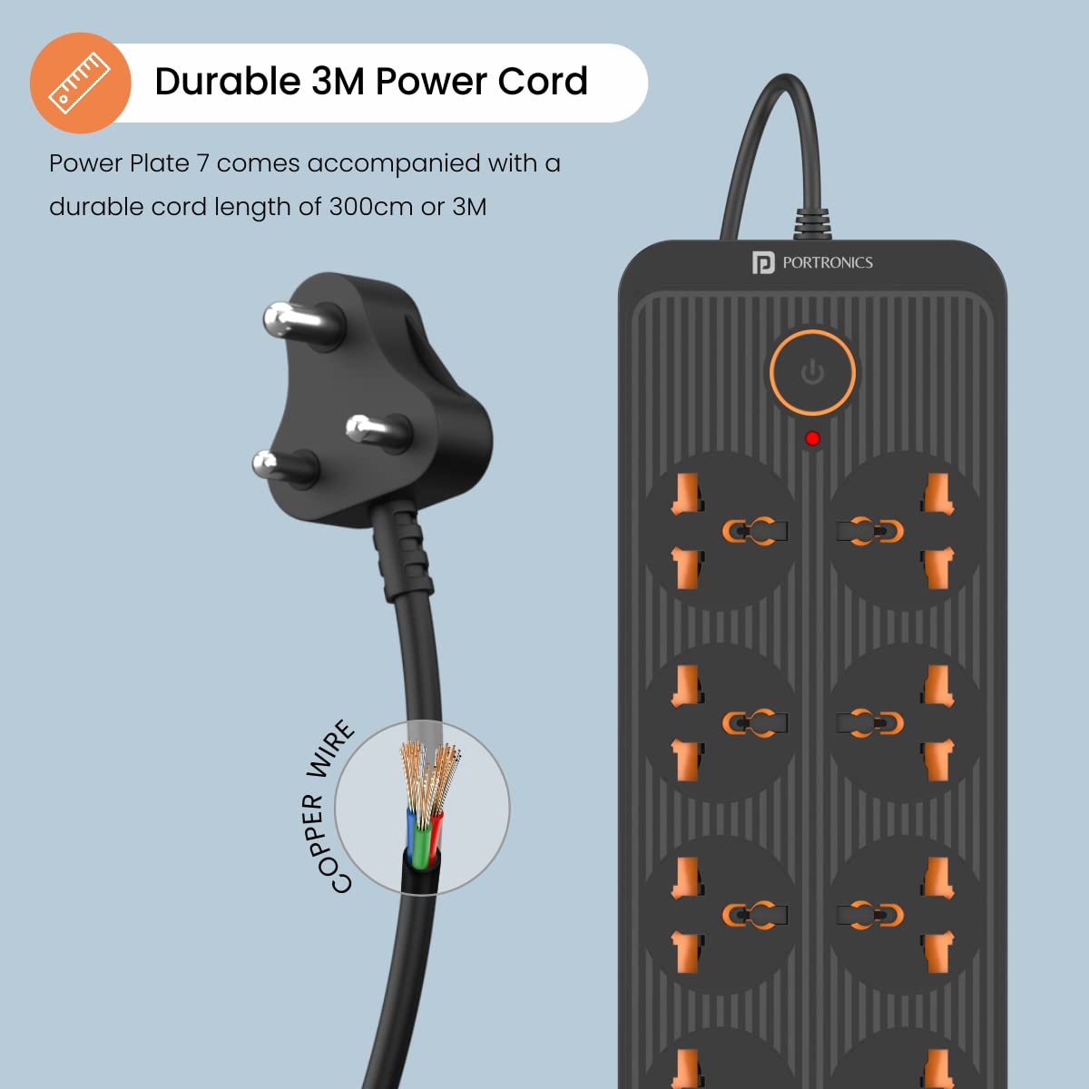 Portronics Power Plate 7 with 6 USB Port + 8 Power Sockets Power Strip Extension Board with 2500W, 3Mtr Cord Length, 2.1A USB Output(Black)