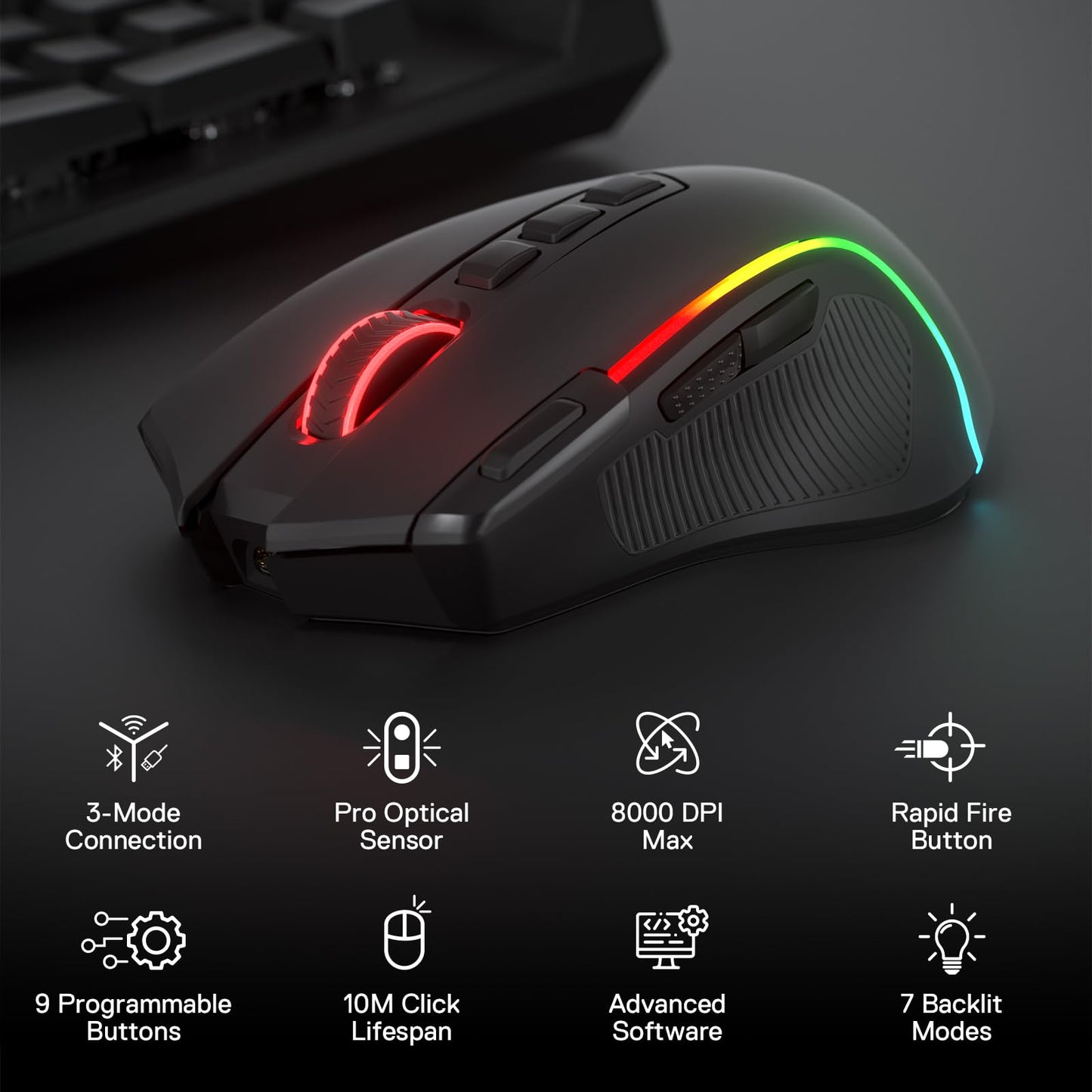 Redragon M612 PRO RGB Gaming Mouse, 8000 DPI Wired/Wireless Optical Gamer Mouse with 9 Programmable Buttons & 7 Backlit Modes, BT & 2.4G Wireless, Software Supports DIY Keybinds Rapid Fire Button