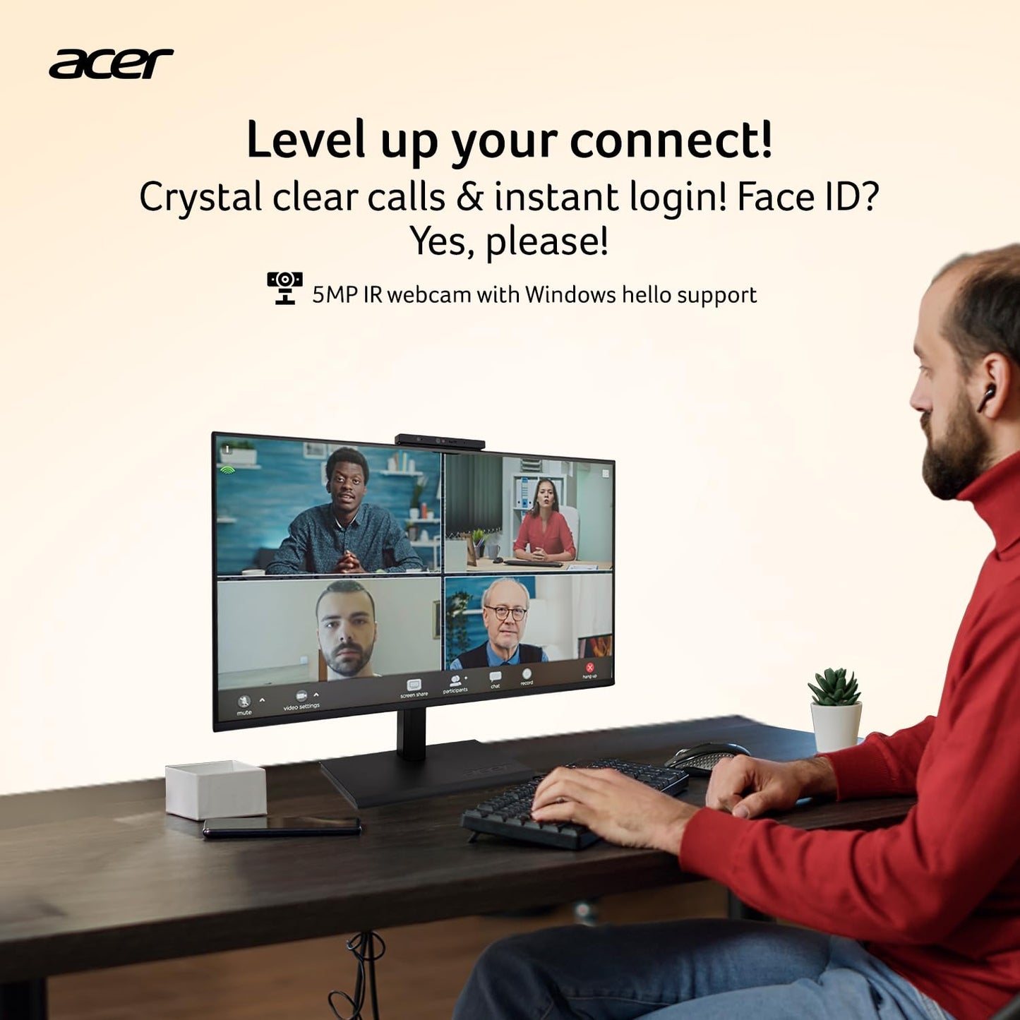Acer B247Y D6 23.8 Inch IPS Full HD Backlit LED LCD Monitor I IR 5M Adjustable Webcam with Human Presence Detection, 120Hz, Height Adjustment and Pivot, HDMI, VGA, DP, USB 3.2 HUB I Stereo Speakers