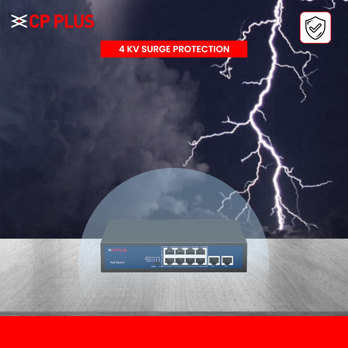 CP Plus 10 Ports Fast Ethernet with 8 PoE Ports (10/100 Mbps) & 2 Uplink Ports (100 Mbps) POE Switch | Max. 30W Output of Single PoE Port | LED Light Indicators | Plug & Play - CP-DNW-HPU8H2-96-V2