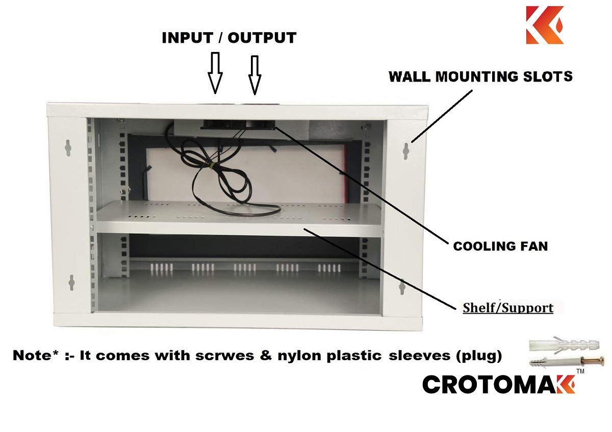 Crotomak 6U DVR, CCTV, NVR, Server, Network Rack with 4 Power Socket and AC Axial Cooling Fan -Transparent Glass Door, Metal Cabinet Box Wall mount (Size 6: 45 X 55 X 35 cm)