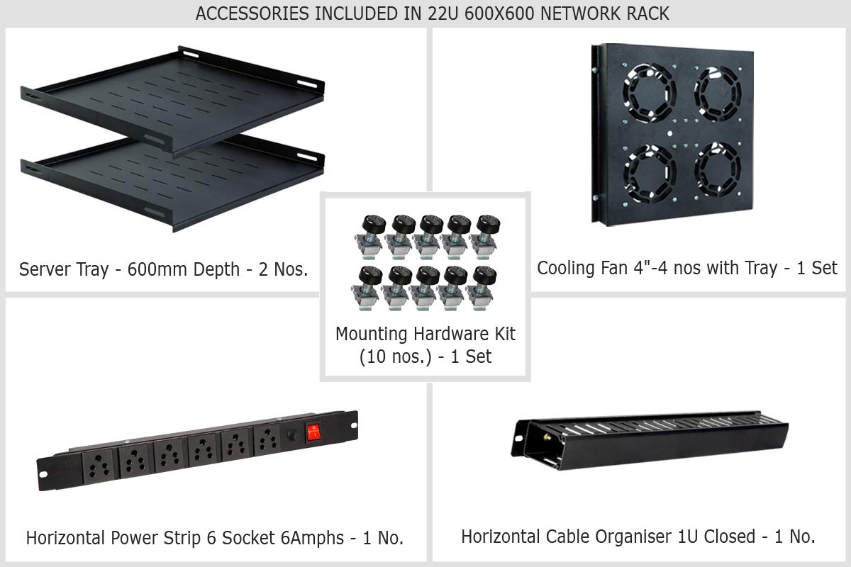 MASS RACK 22U 600X600mm Floor Standing Network Rack with Power Strip 6 Socket, Server Tray(2 Nos.), Cable Organiser 1U Closed, 4 Fans & Hardware Kit-Cage Nut Assembly - Combo Pack