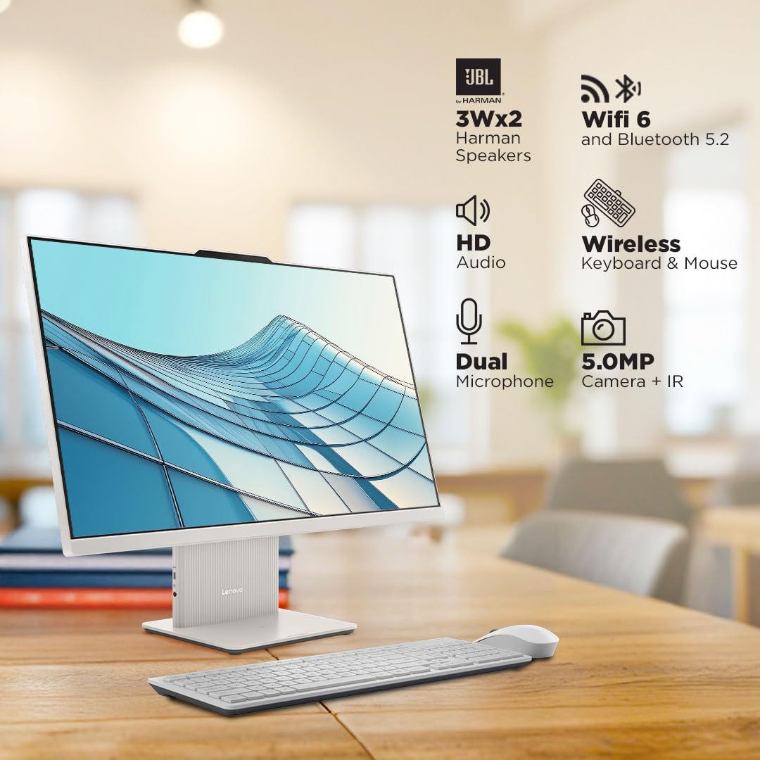 Lenovo IdeaCentre AIO Intel Core i5 13420H 27" FHD IPS 3-Side Edgeless All-in-One Desktop with Alexa Built-in (16GB/1TB SSD/Win11/Office 2021/5.0MP+IR Camera/Wireless EOS Keyboard & Mouse), F0HM003CIN