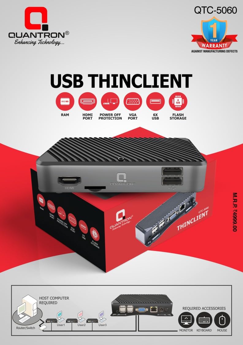 QUANTRON USB ThinClient QTC-5060 ? Mini Computer Terminal with HDMI & VGA Ports, 6 USB Ports, 512MB RAM, 4GB Flash Storage, Power-Off Protection ? Thin Client Device for Office & Education Use