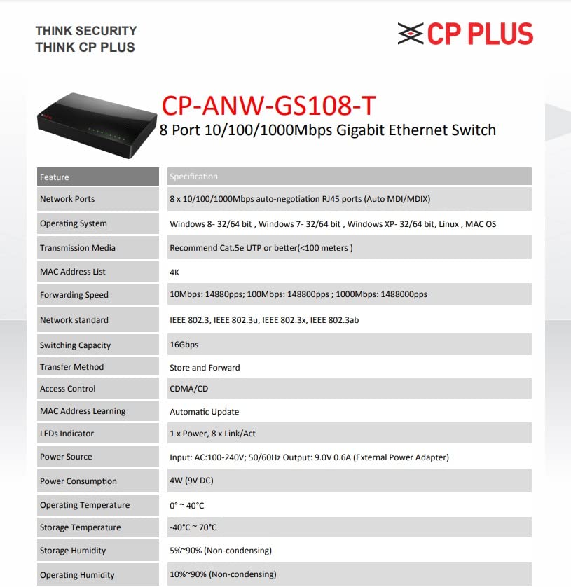 CP PLUS 8 Port 10/100/1000Mbps Gigabit Ethernet Unmanaged Switch (CP-ANW-GS108-T)