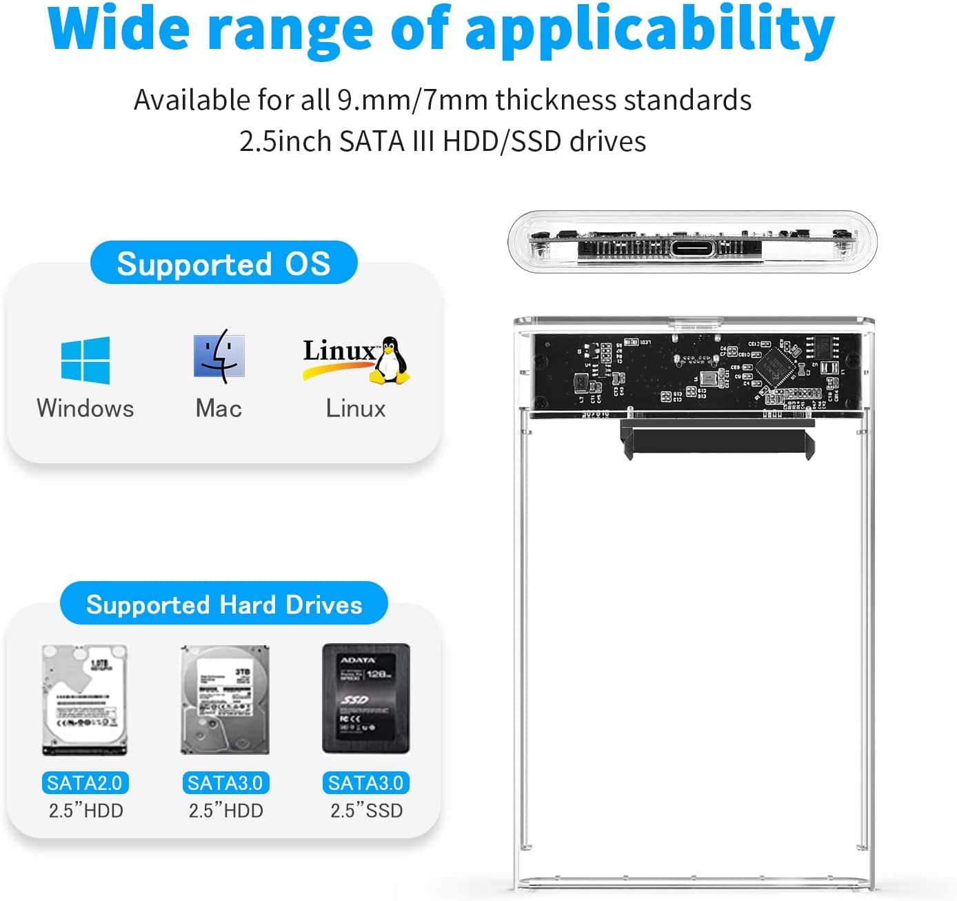 SmartTech 2.5 inch Sata HDD / SSD Hard Drive Enclosure USB 3.1 with Type C OTG Cable Internal Hard Disk Drive Case for External Portable Transparent Casing Computer Laptop (2.5- USB 3.1)