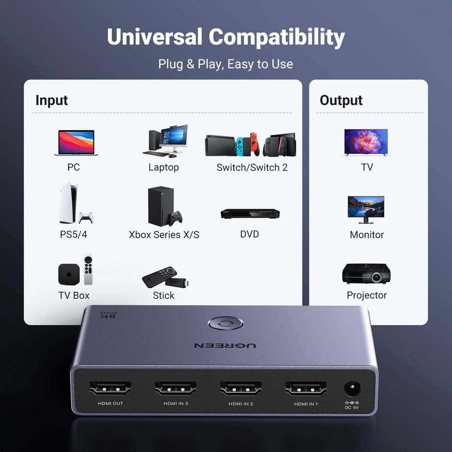 UGREEN 8K@60Hz HDMI Switch 3 in 1 Out 8K 2.1 Switcher Splitter 3 Port with IR Remote HDCP2.3 3D Dolby DST Compatible with PS5 PS4 Xbox Apple TV Fire Stick