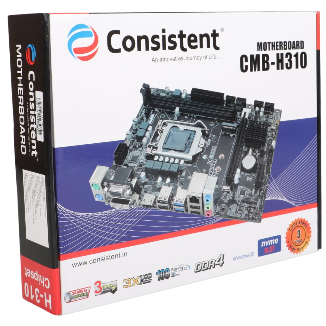 Consistent H-310 Motherboard 8th, 9th Gen i3, i5, i7, DDR4 Slots for RAM, with GMA 950 Graphic Card, Motherboard with Sound Card, SATA 2&3, 3Y Warranty