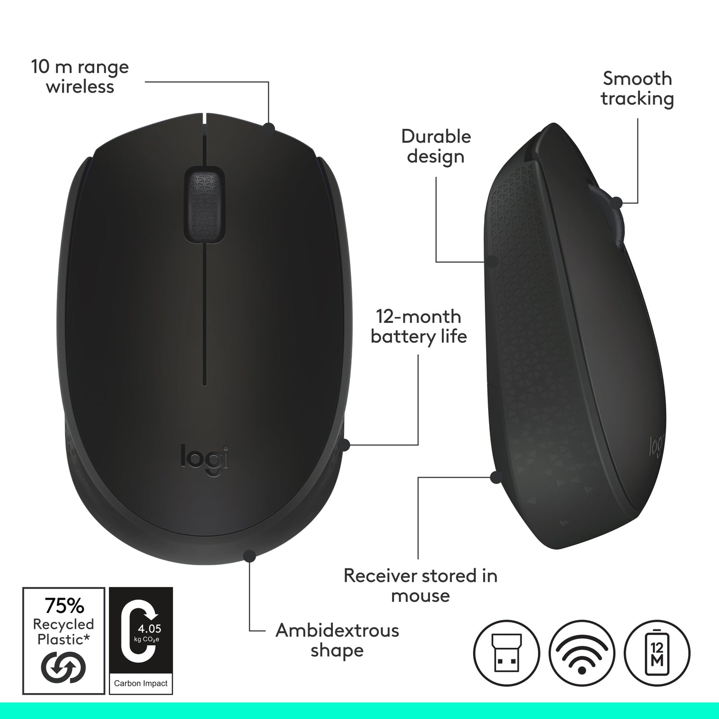 Logitech M170 2. 4GHz Wireless 3-Button Optical Scroll Mouse w/Nano USB Receiver (Black)