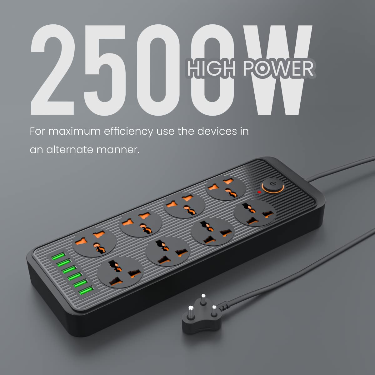 Portronics Power Plate 7 with 6 USB Port + 8 Power Sockets Power Strip Extension Board with 2500W, 3Mtr Cord Length, 2.1A USB Output(Black)