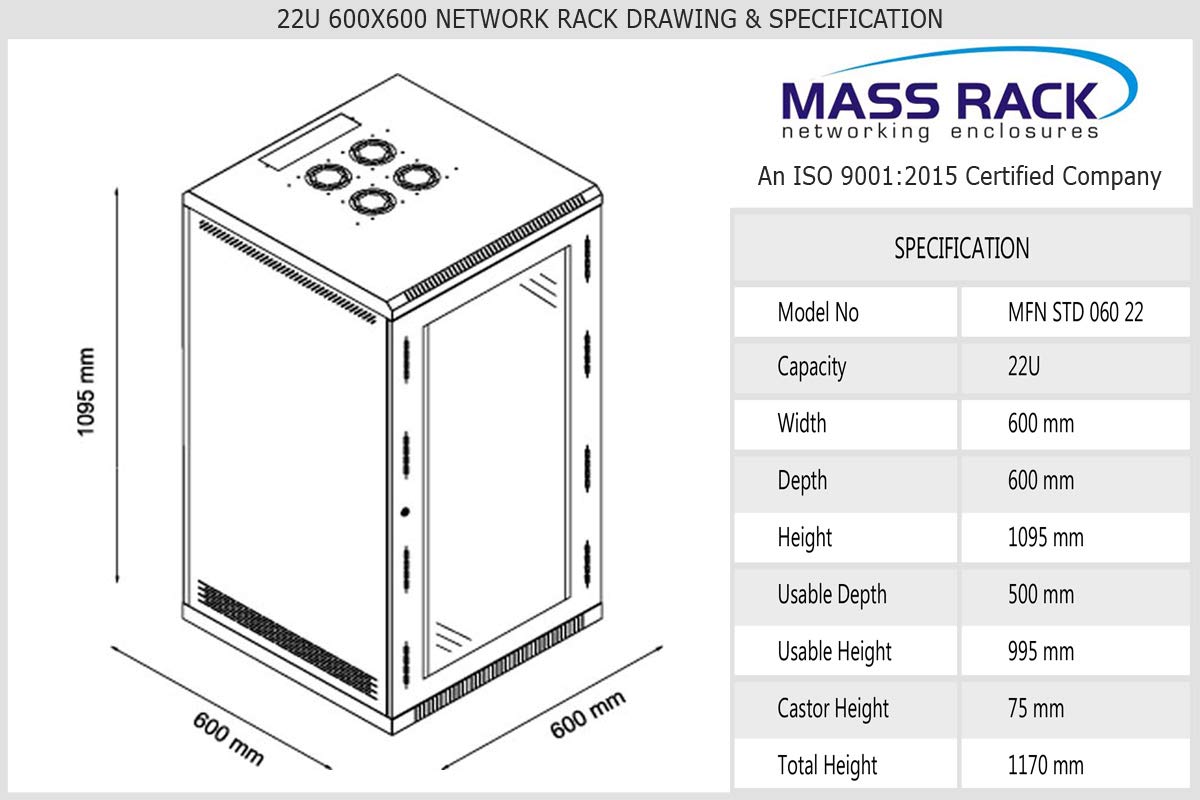 MASS RACK 22U 600X600mm Floor Standing Network Rack with Power Strip 6 Socket, Server Tray(2 Nos.), Cable Organiser 1U Closed, 4 Fans & Hardware Kit-Cage Nut Assembly - Combo Pack