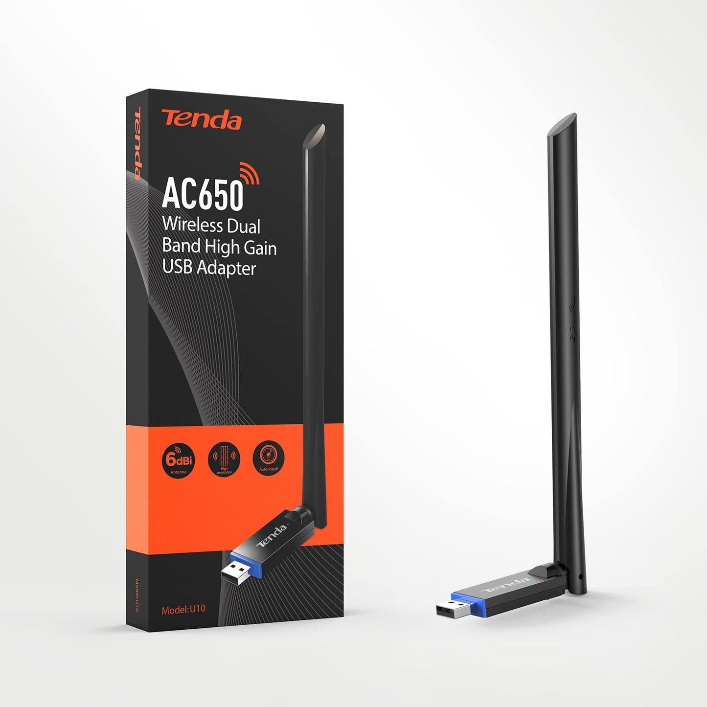 Tenda U10 AC650Mbps Dual-Band WiFi Dongle, Wireless USB Adapter, 433Mbps (5GHz) + 200Mbps (2.4GHz), 6dBi Internal Antenna, MU-MIMO, Soft AP Mode, Supports Windows 10/8.1/8/7 / XP (Black)
