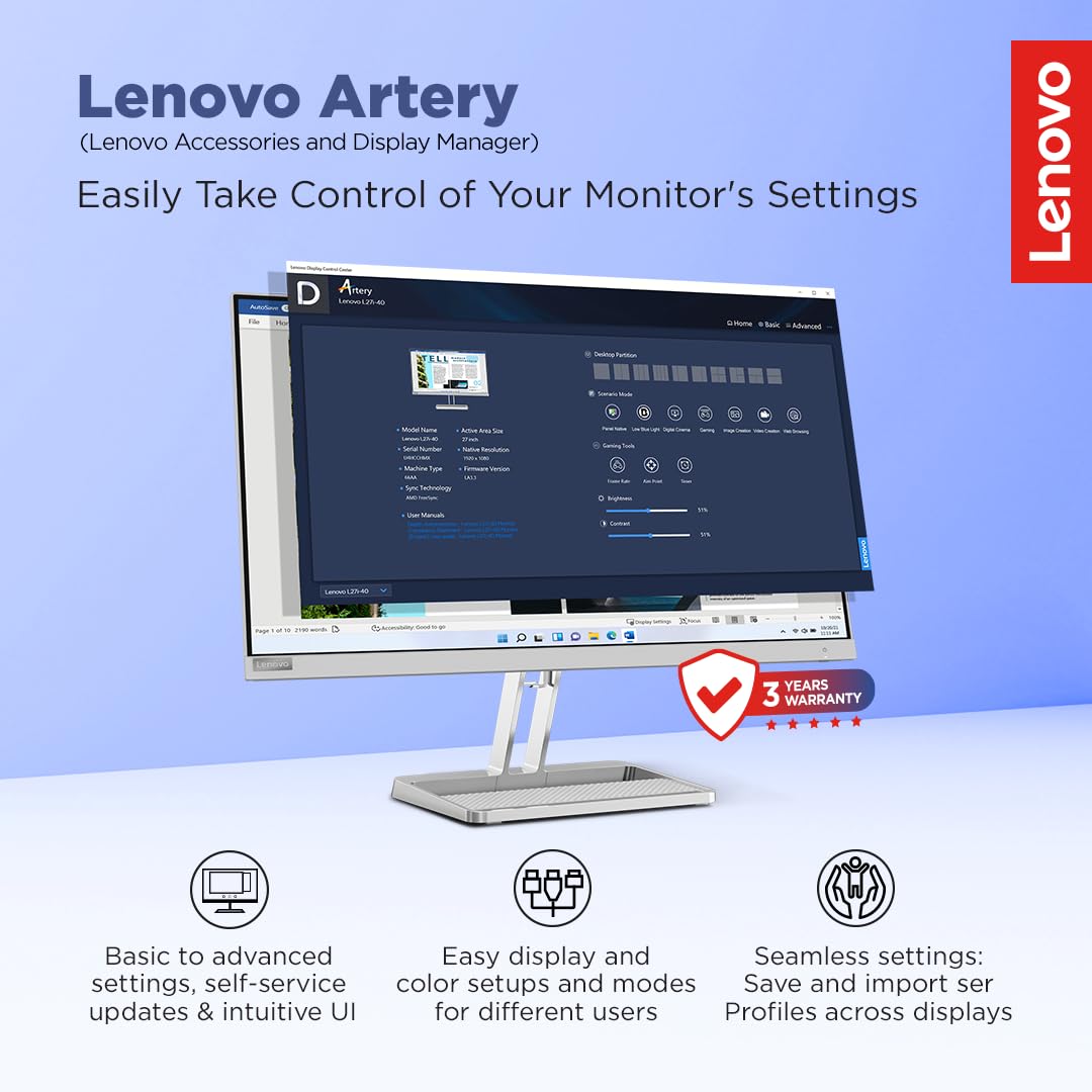 Lenovo L-Series 24 inch (60.45cm) FHD IPS Monitor| 100Hz, 1ms, FreeSync, 99% sRGB, 3Wx2 Speakers, 1x HDMI 1.4, 1x VGA, Tilt, Smart Display Customization Artery Cloud Grey, L24i-4A