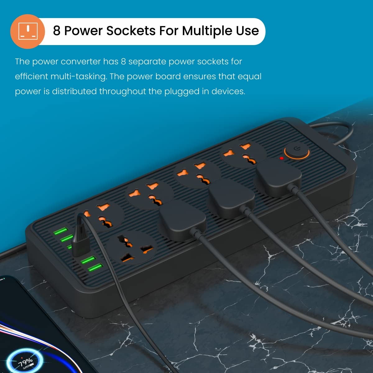 Portronics Power Plate 7 with 6 USB Port + 8 Power Sockets Power Strip Extension Board with 2500W, 3Mtr Cord Length, 2.1A USB Output(Black)