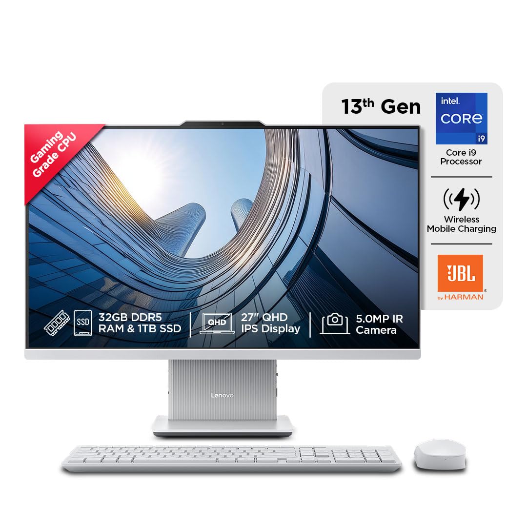 Lenovo IdeaCentre AIO 13th Gen Core i9-13900H 27" QHD IPS (32GB RAM/1TB SSD/Windows11/Office 2021/3Wx2 Harman Speaker/Alexa Built-in/Wireless EOS Keyboard & Mouse, Grey), F0HM00JBIN All-in-One Desktop