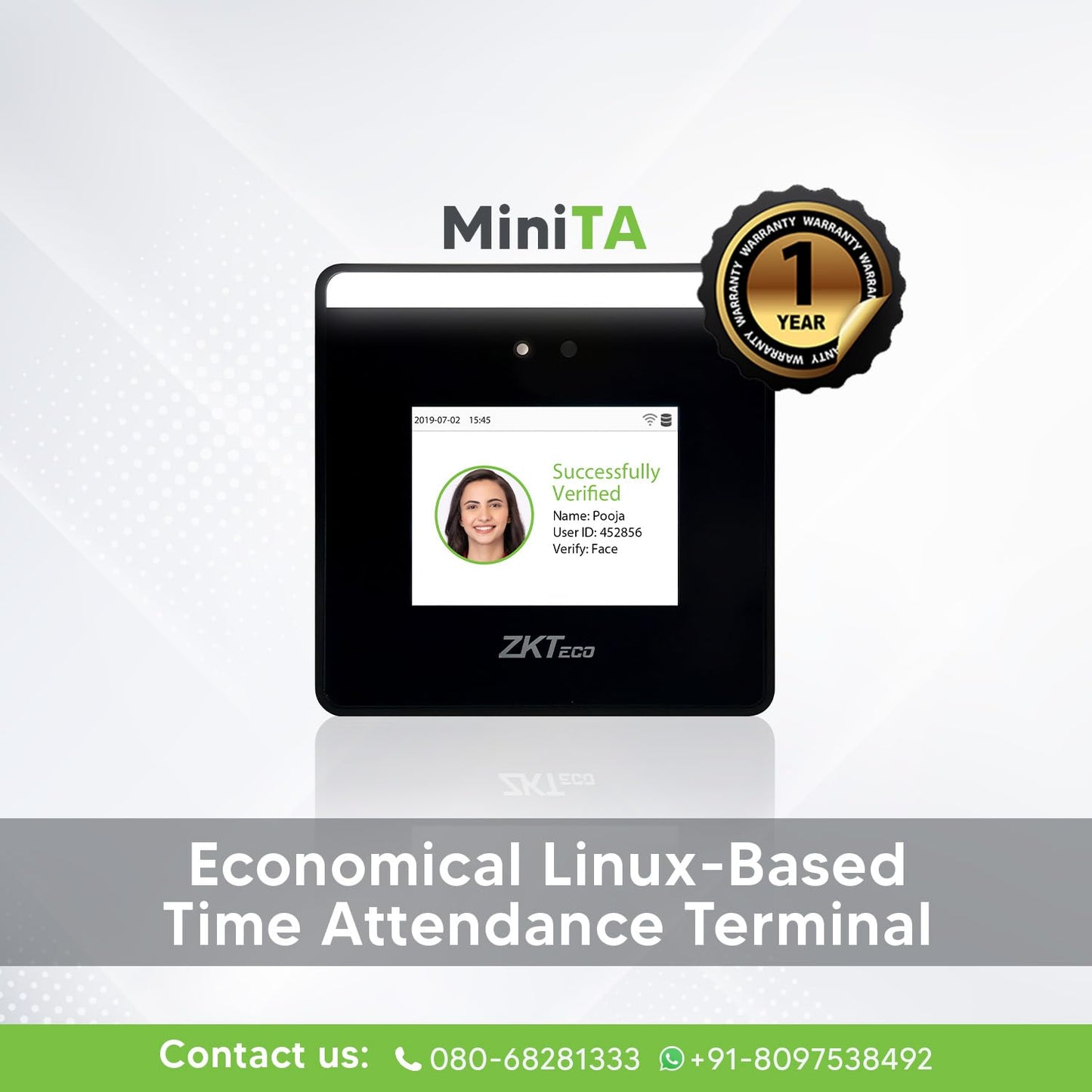 ZKTeco MiniTA Touchless Face Recognition Attendance & Access Control Terminal | WiFi, Mobile App, Free Web-Based Software | Ideal for Office