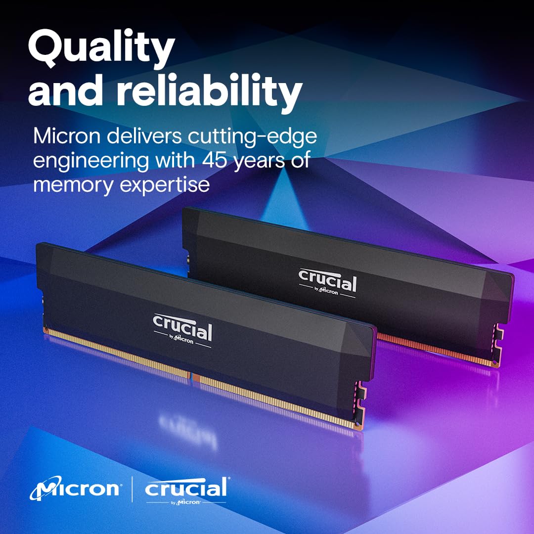 Crucial Pro DDR5 RAM 32GB Kit (2x16GB) 6400MHz CL38, Overclocking Desktop Gaming Memory, Intel XMP 3.0 & AMD Expo Compatible – Black CP2K16G64C38U5B