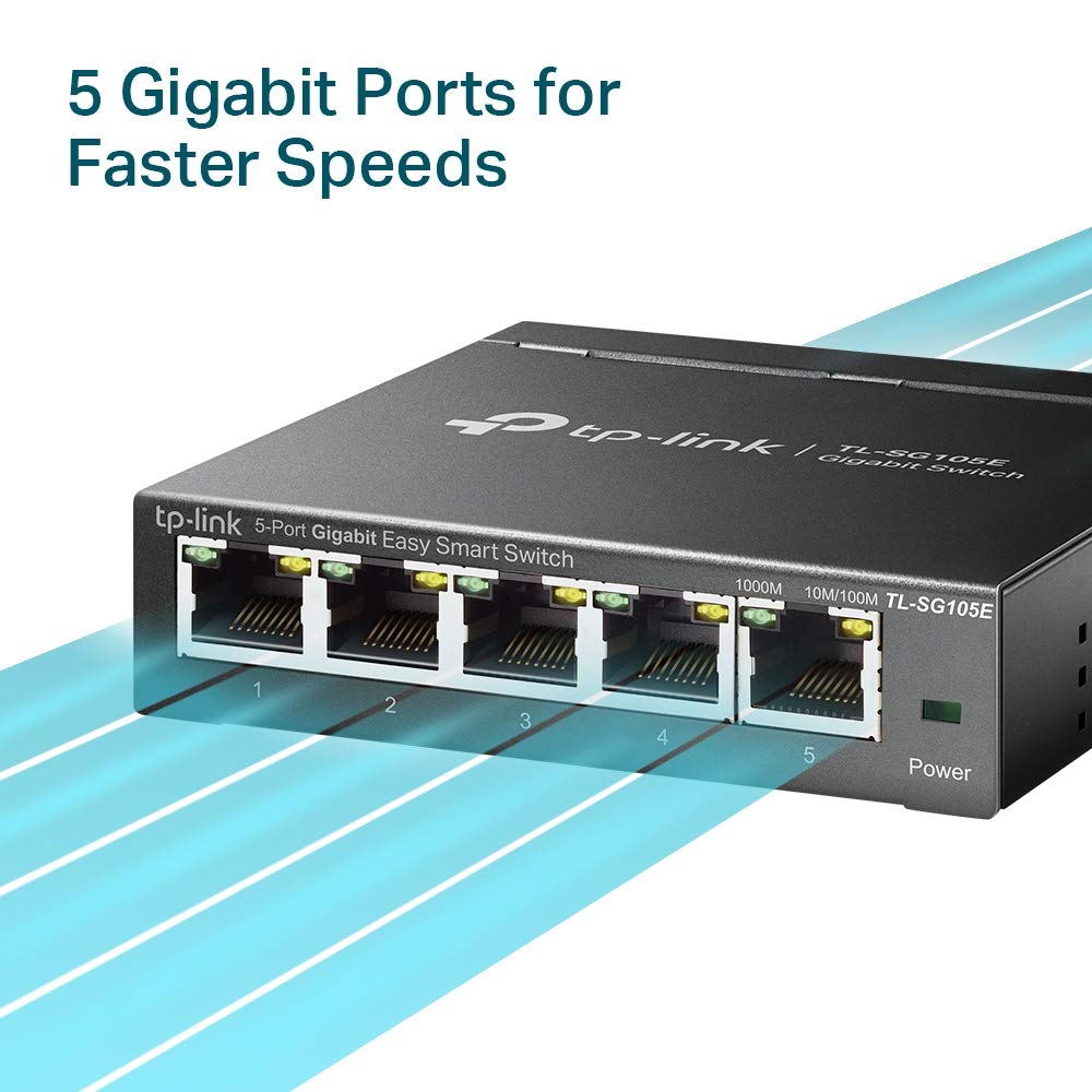 TP-Link 5 Port Gigabit Switch Easy Smart Plug & Play Desktop/Wall-Mount Sturdy Metal w/Shielded Ports Support QoS, Vlan, IGMP and Link Aggregation (TL-SG105E)