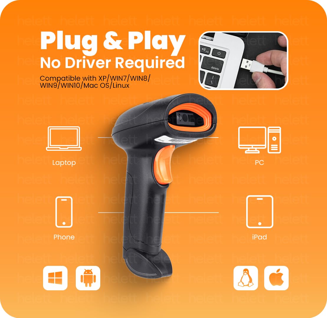 Helett® HT20 Wireless 2.4GHz 2D & 1D Barcode Scanner (QR Code & Barcode) Wired & Wireless(Rechargeable) Connectivity | Induction Scanning with Built-in Illumination Light |Strong ABS(1-Year Warranty)