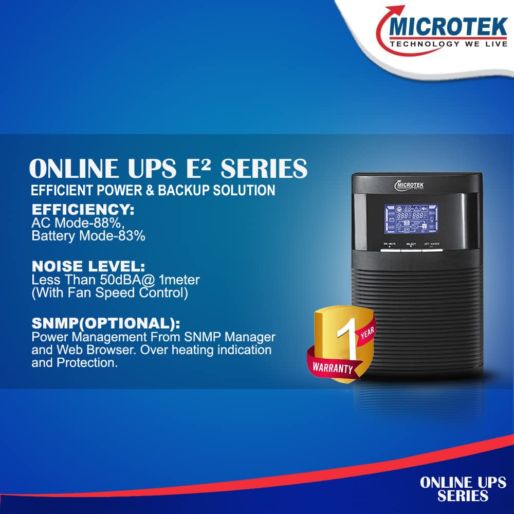 Microtek High Frequency E² Series (1 PH in - 1 PH Out) IGBT Technology Based Online UPS for Home, Office and Shop (1KVA/24VDC-IB)