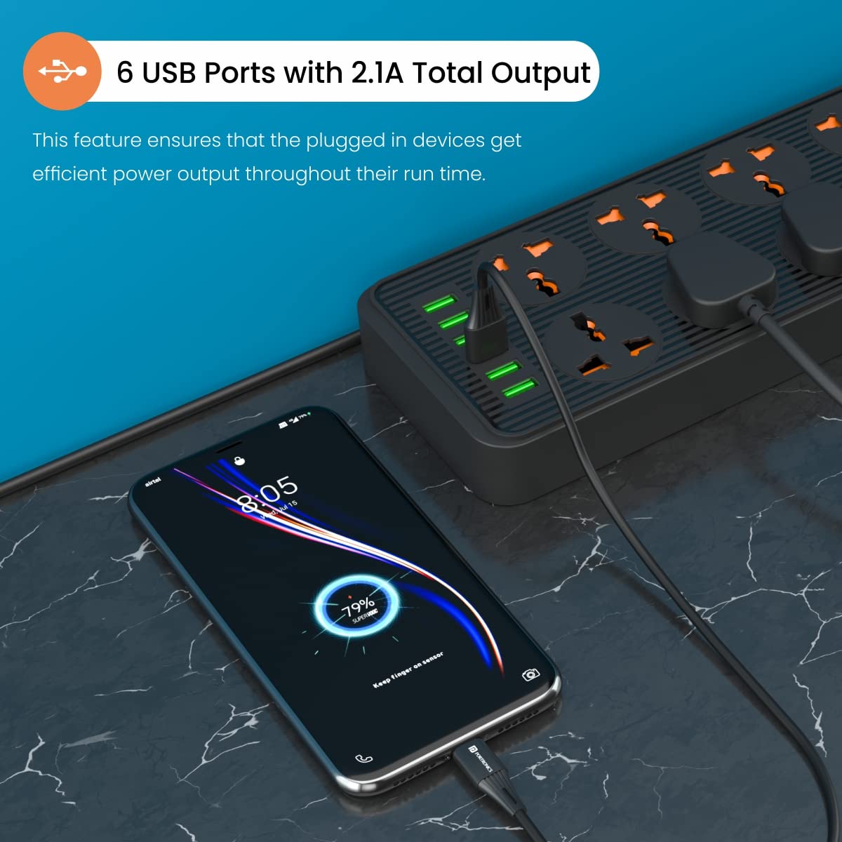 Portronics Power Plate 7 with 6 USB Port + 8 Power Sockets Power Strip Extension Board with 2500W, 3Mtr Cord Length, 2.1A USB Output(Black)
