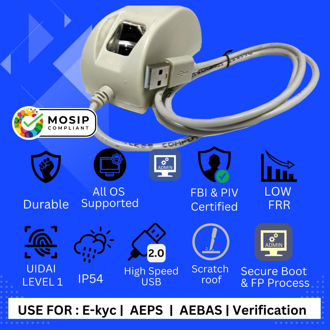 FM220U L1 UIDAI Certified USB Optical Biometric Scanner with 1YEAR RD Service