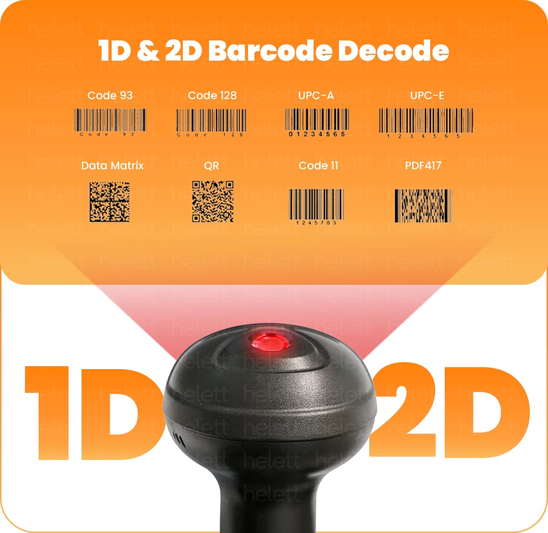 Helett® HT20 Wireless 2.4GHz 2D & 1D Barcode Scanner (QR Code & Barcode) Wired & Wireless(Rechargeable) Connectivity | Induction Scanning with Built-in Illumination Light |Strong ABS(1-Year Warranty)