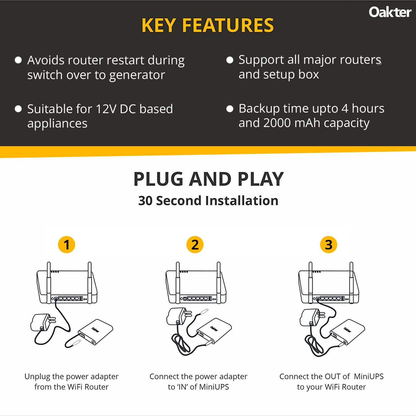 Oakter Mini UPS for 12V WiFi Router Broadband Modem | Backup Upto 4 Hours | WiFi Router UPS Power Backup During Power Cuts | UPS Broadband Modem (12 Volt Backup Upto 4 HRS)
