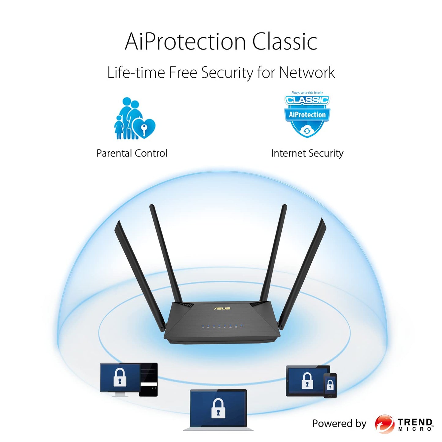 ASUS RT-AX53U (AX1800) Dual Band WiFi 6 Extendable Router, USB, Subscription-Free Network Security, Instant Guard, Parental Control, Built-in VPN, AiMesh Compatible, Gaming & Streaming, Smart Home