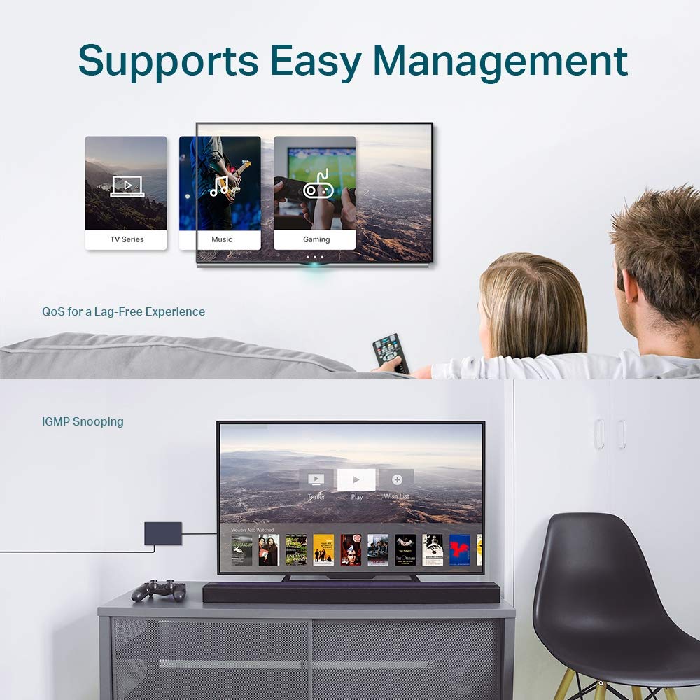 TP-Link 5 Port Gigabit Switch Easy Smart Plug & Play Desktop/Wall-Mount Sturdy Metal w/Shielded Ports Support QoS, Vlan, IGMP and Link Aggregation (TL-SG105E)